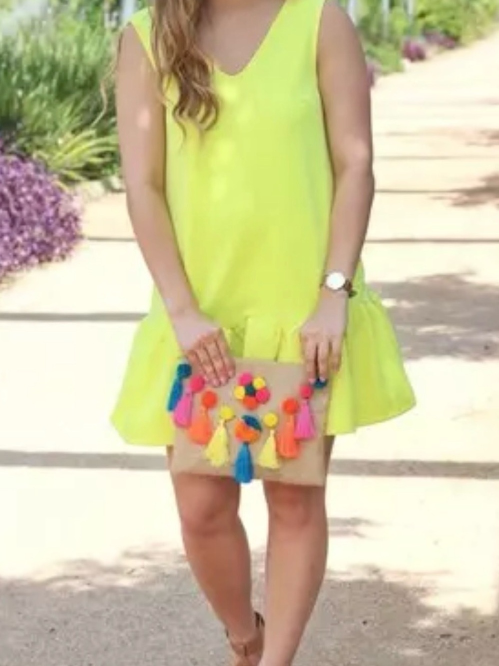Neon Yellow V-Neck Ruffle-Hem Mini Dress colorful v back fun comfy